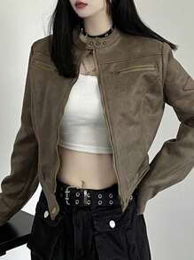 Short Biker Jacket - Retro Faux Suede, Minimalist Motorcycle Style, Zipper Pockets, Perfect For Layering Street Style - Brown - View 5