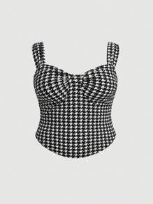 SHEIN MOD Plus Size Summer Casual Houndstooth Print Cami Top & Ruched Bodycon Skirt Set - Blue and White - View 8