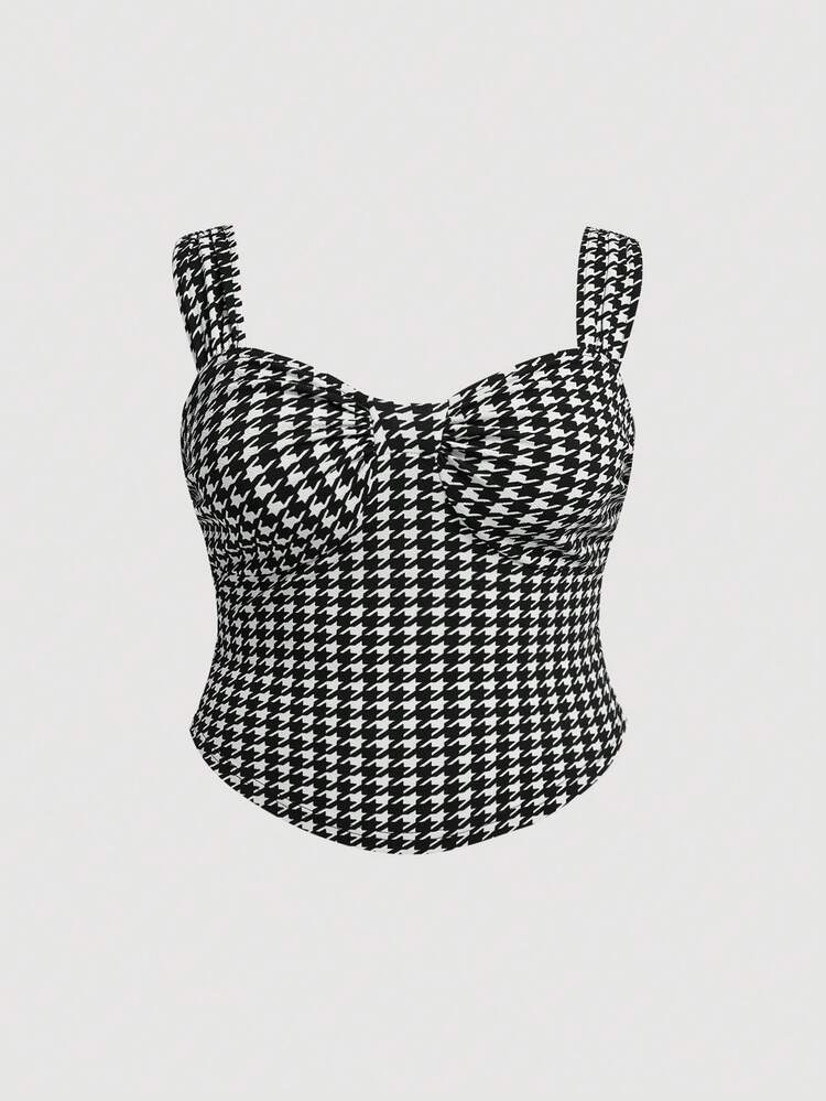 Plus Size Summer Casual Houndstooth Print Cami Top & Ruched Bodycon Skirt Set