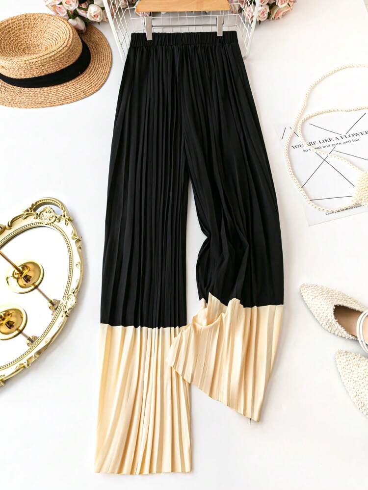 Plus Size Color Blocking Wide Leg Pants With Textured Elastic Waist Fall Cloth For Women