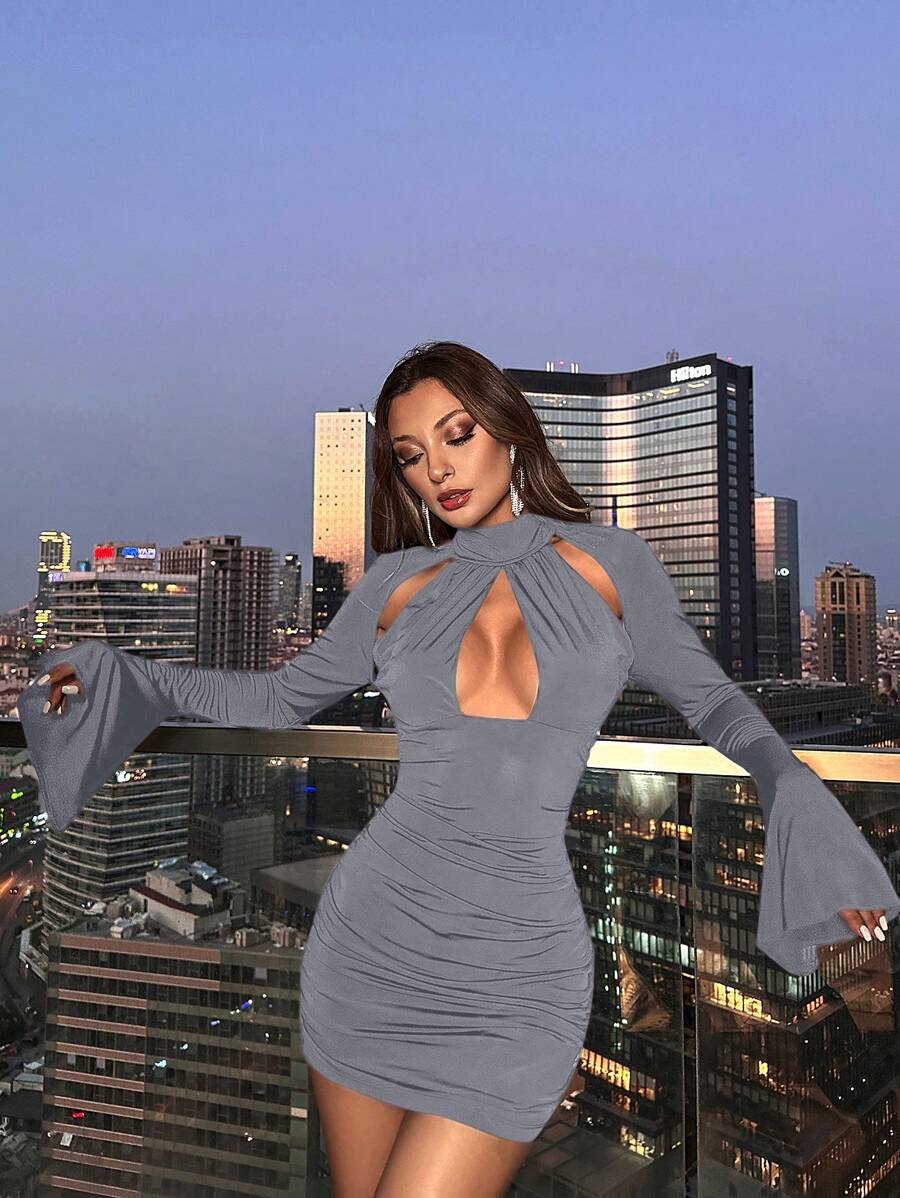 RueChic Ladies' Hollow Out Bodycon Dress - Grey - View 1