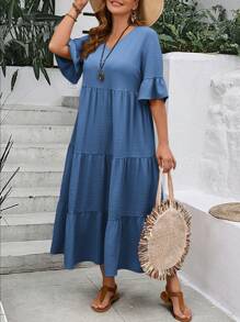EMERY ROSE Plus Size Women's Deep V-Neck Ruffle Sleeve Multi-Tiered Hem Long Yellow Dress For Summer