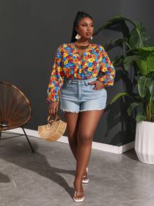 Slaydiva Floral Plus Size V-Neck Holiday Stylish Bodysuit - Blue - View 1