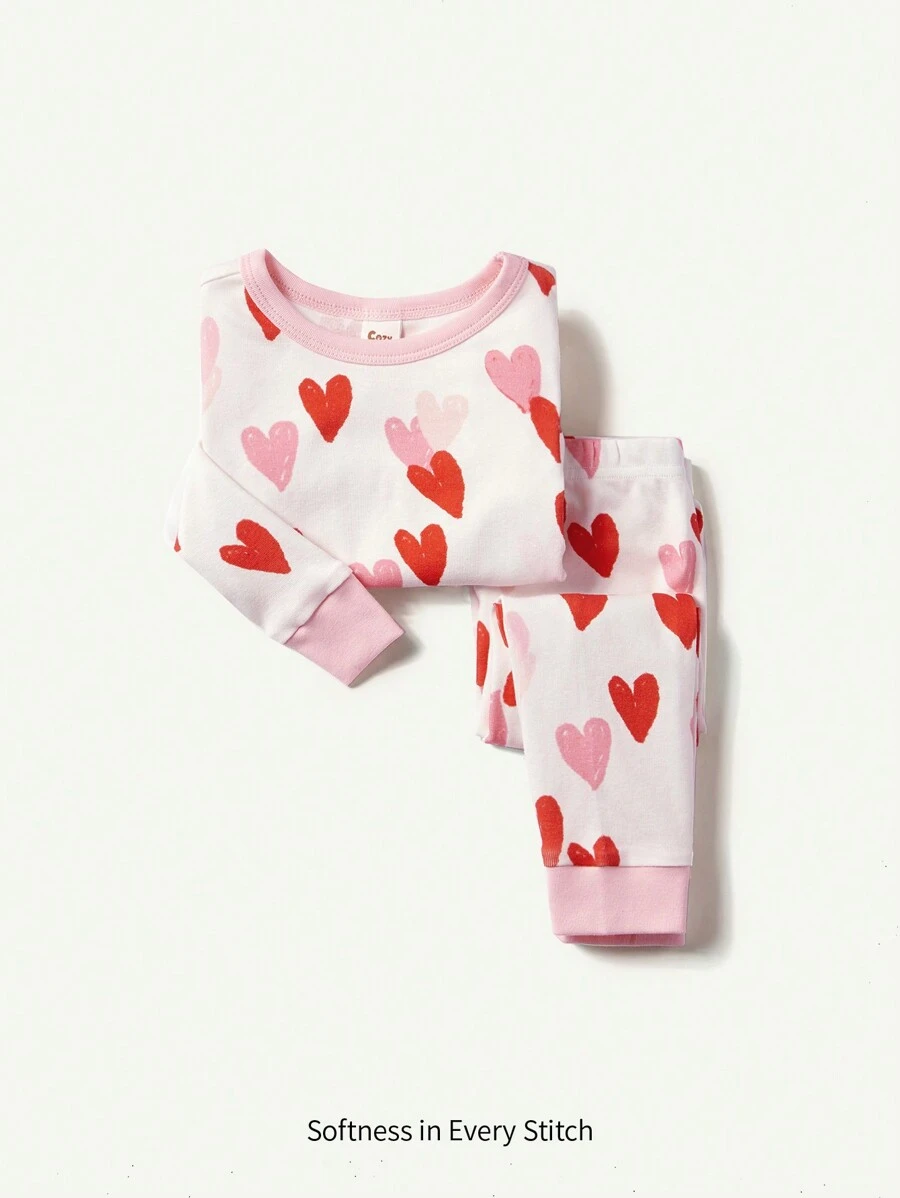 Cozy Pixies Set di pigiami per neonata con vestibilità aderente, motivo a cuore, colletto rotondo, top pullover a manica lunga e pantaloni con piedini
