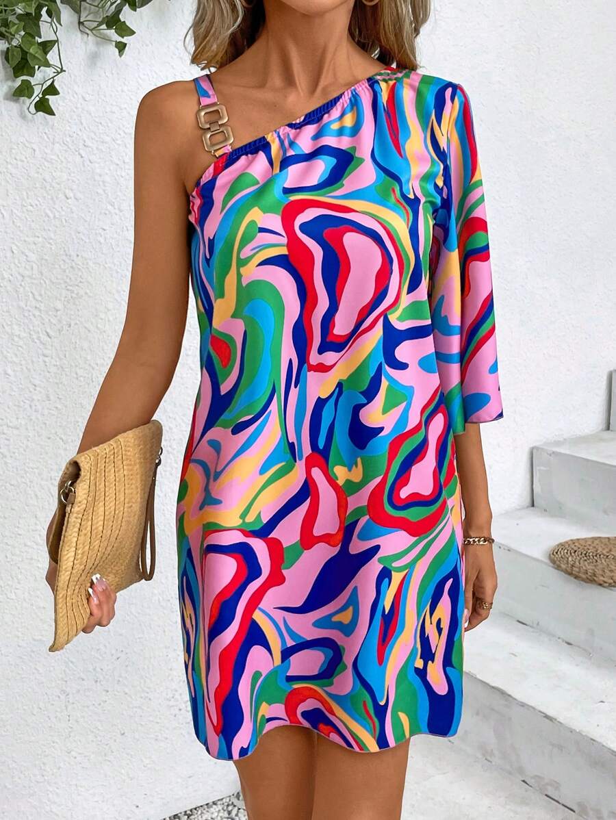 SHEIN LUNE Women Fashionable Colorful Fluid Printed Asymmetrical Shoulder Dress - Pink - View 1
