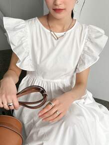 FRIFUL Women Fashionable Solid Color Ruffled Sleeve Dress Sundress - White - View 7