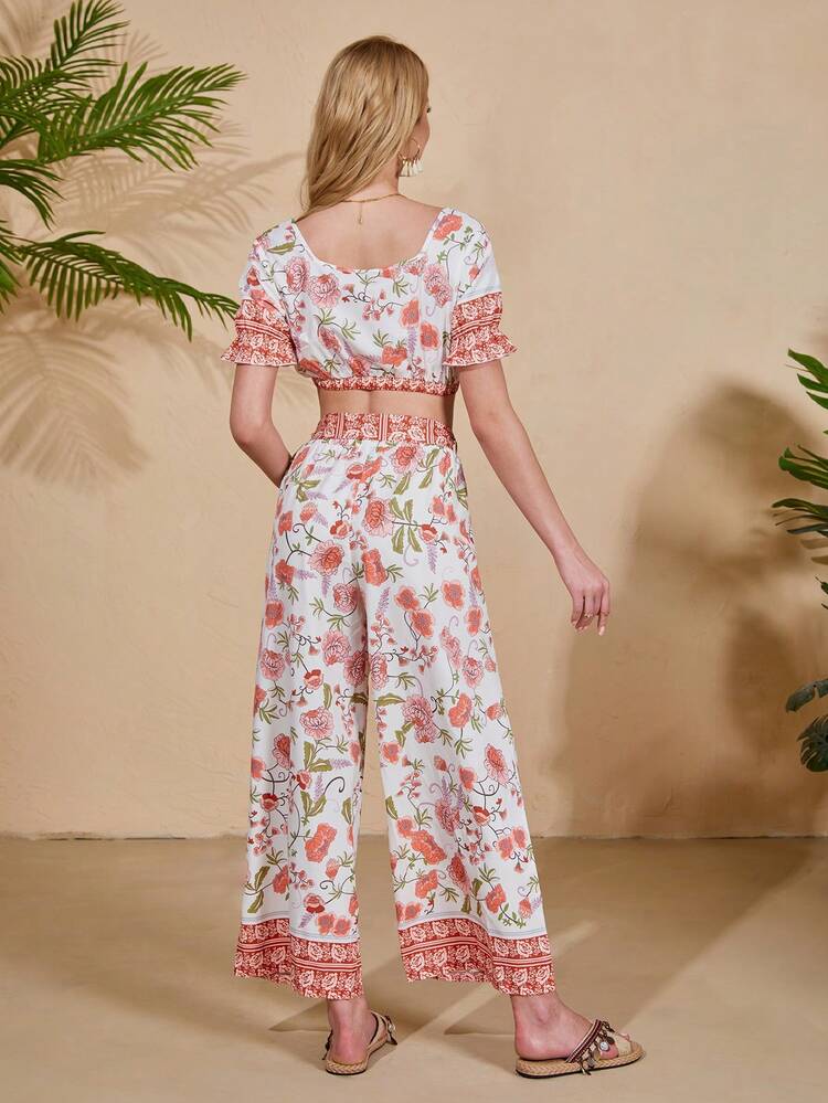 1pc Women Floral Print Crop Top And 1pc Long Pants Set For Vacation Or Leisure