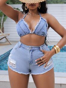 SHEIN SXY Plus Size Nữ Denim Top Dây Cổ Gợi Cảm Hở Lưng Màu Xanh - Rửa nhẹ - Xem 3