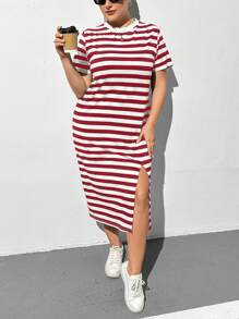 SHEIN Essnce 春夏加大尺寸女性休閒寬鬆條紋分裂短袖T恤連衣裙 - 紅白色 - 查看 5