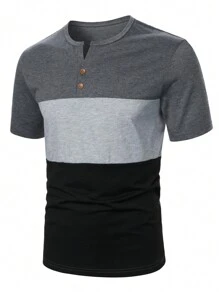 Manfinity Homme 男士撞色短袖T恤，配有凹口領，適用於春夏休閒日常穿著 - 彩色 - 查看 2
