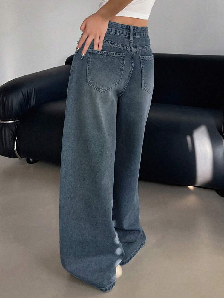 Women Solid Color Wide-Leg Jeans With Pockets And Buttons,Ladies Casual Button,Pocket,Zipper Natural Wide Leg Long Dark Wash Cotton Baggy Loose Women Jeans,Spring/Fall,Casual Daily Wear
