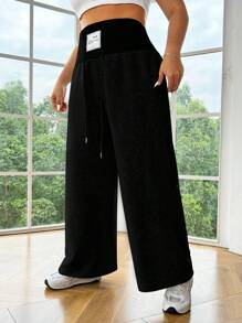 SHEIN EZwear Black Knitted Ladies Plus Size Loose Wide Leg Letter Patterned Casual Pants