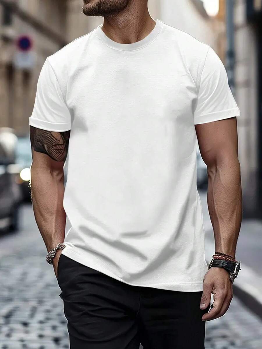 Men Crew Neck Casual Solid Color Short Sleeve T-Shirt