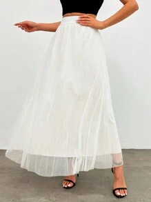 RueChic Váy xếp li lưới đơn giản màu trơn dành cho nữ - trắng - Xem 6