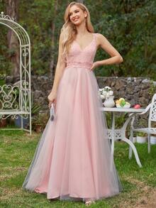 EVERPRETTY 亮片拼接網紗婚紗洋裝 - 粉色 - 查看 5