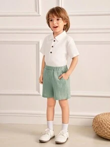 SHEIN 2 Stücke Set für Kleine Jungen, lässiges Stehkragen-Kurzarmhemd und gestreifte Shorts, geeignet für die Schule und zum Spielen im Freien - Grün - Übersicht 5
