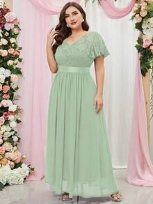 MIUSOL Vestido de festa formal plus size com contraste floral, renda, mangas bufantes, chiffon, para convidada de casamento - Menta verde - Ver 5