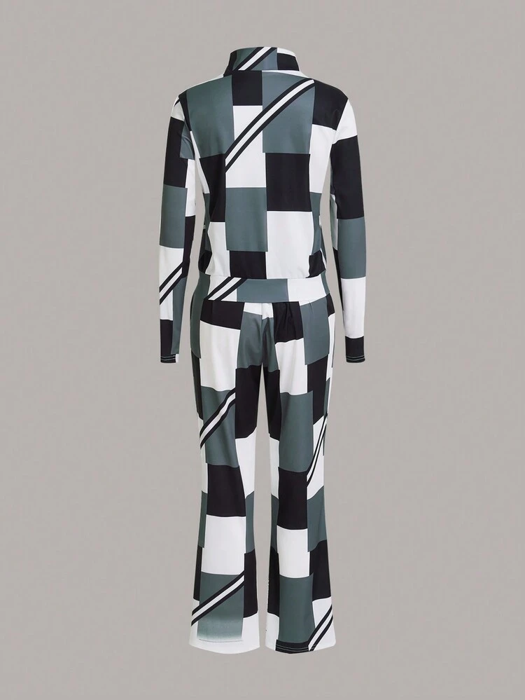 Leisure Color-Block Stand Collar Long Sleeve Top And Flared Pants Set