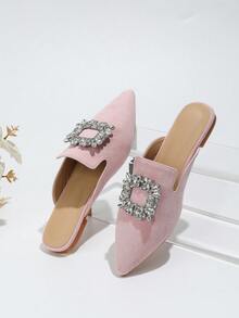 女士優雅春夏季尖頭平底粉紅色絨面拖鞋，裝飾方形扣環 - 粉色 - 查看 2