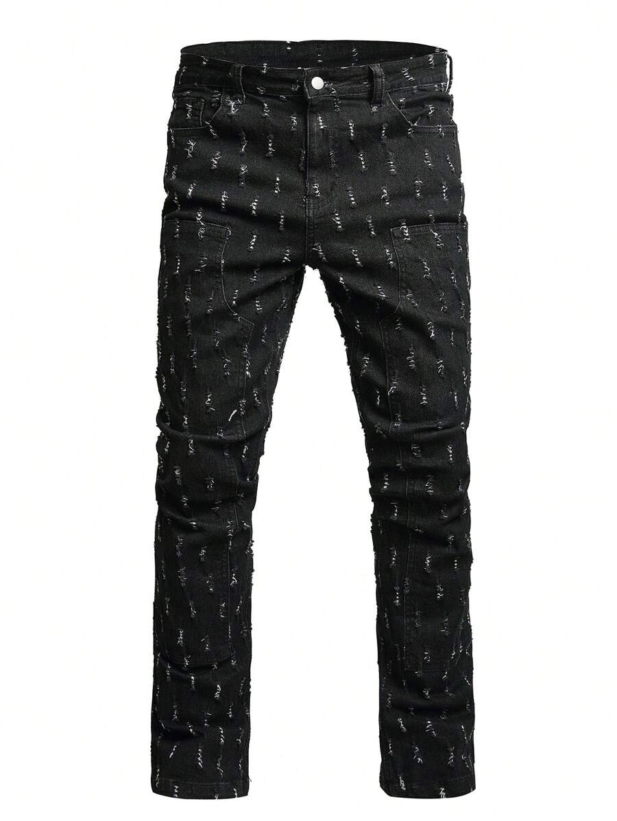 Manfinity Homme Men Fashionable Slim Fit Ripped Jeans With Slanted Pockets, Street Style Casual And Versatile - Black - View 1