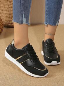 Women Lightweight Round Toe Lace-Up Flat Chunky Sneakers, Fresh Style Student Everyday Casual Sneakers