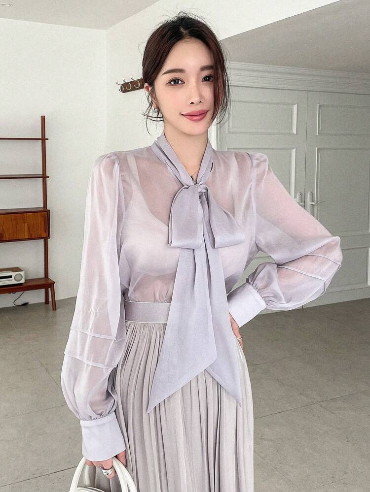 Solid Color Loose Long Sleeve Lady Shirt With Ribbon Tie Sheer
