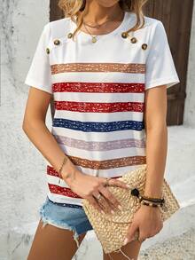 SHEIN LUNE Áo thun nữ sọc đầy màu sắc trang trí tay áo ngắn mùa hè thời trang thông thường - Nhiều màu - Xem 4