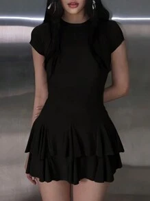 INAWLY Conjunto de dos piezas de unicolor para mujer de uso diario, elegante y sencillo - Negro - Ver 1