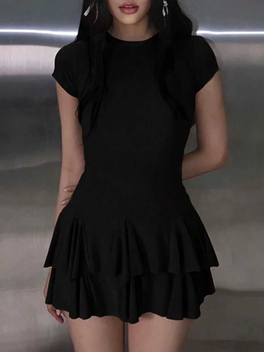 INAWLY Conjunto de dos piezas de unicolor para mujer de uso diario, elegante y sencillo - Negro - Ver 1