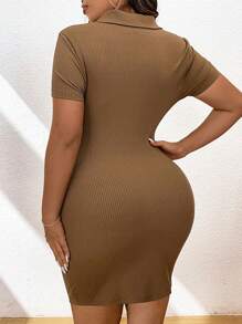 Flirla Plus Size Bodycon Short Sleeve Elastic Summer Dress With Hollow Stripes - Coffee Brown - View 2