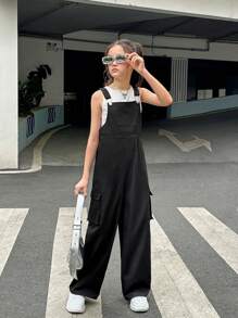 青少年女孩街頭風針織無袖背心連背帶褲 - 黑與白 - 查看 4