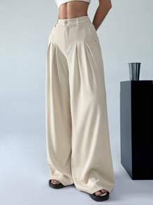SHEIN EZwear Pantalon large pour femme de couleur unie avec poches et bande en ceinture ajustable