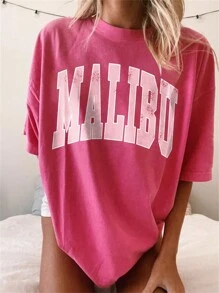 INAWLY 女式字母印花T恤 图案T恤 女式上衣 - 玫紅色 - 查看 1