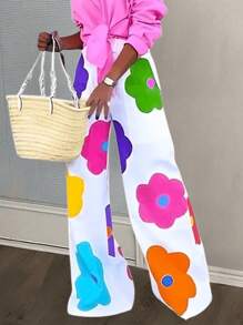 Slaydiva 夏季休闲度假彩色花朵全印花女式阔腿裤 - 彩色 - 查看 4