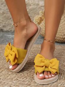夏季舒適的優雅：女性蝴蝶結平底滑沙灘拖鞋，紮帶平底鞋海灘拖鞋 - 黃色 - 查看 7