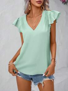 SHEIN LUNE Summer V-Neck Solid Color Ruffle Sleeve Blouse - Green - View 3