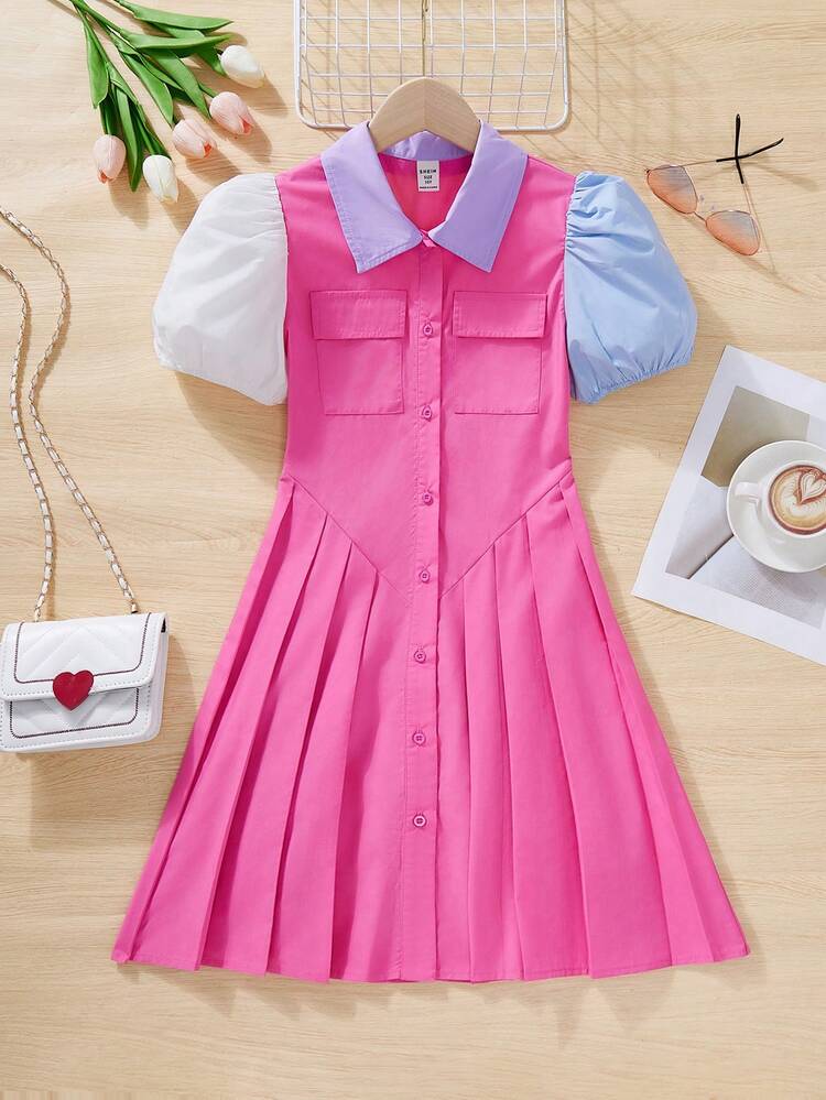 Tween Girl Casual Spring & Summer Woven Solid Color Sleeveless Dress With Shirt Collar And Pleats