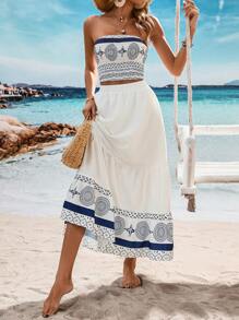 Breezaya 隨機印花沖浪假期露背背心配圍裙裙子套裝 - 藍白色 - 查看 4