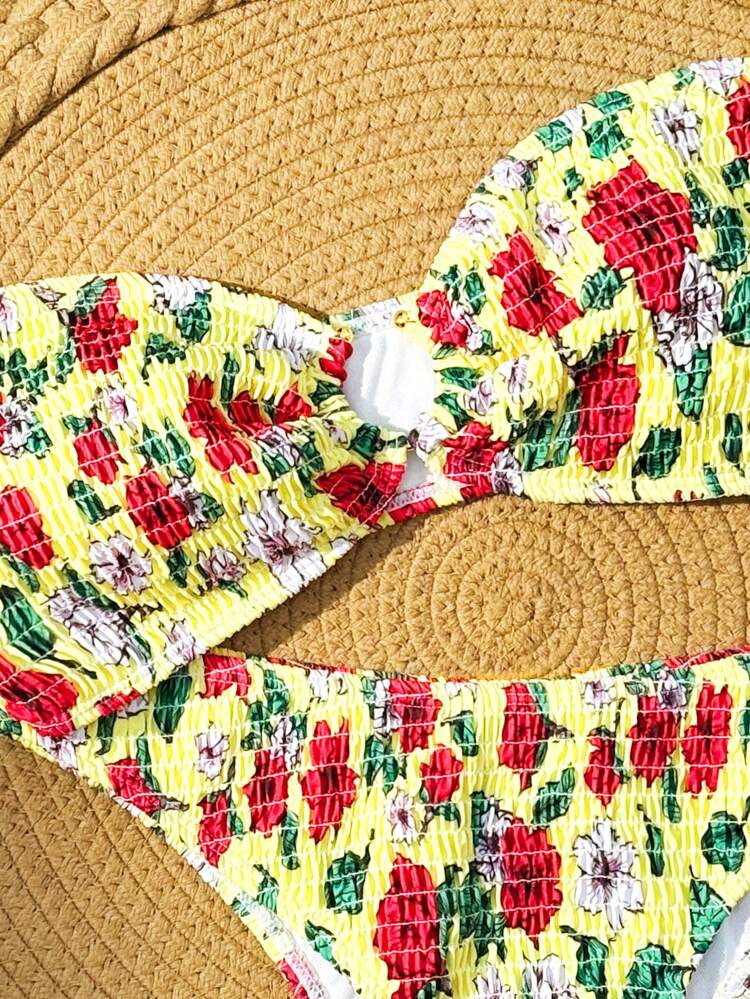 Women's Floral Print Bandeau Bikini Set, Detachable Halter Strap, Wire Free, Ideal For Vacation Summer