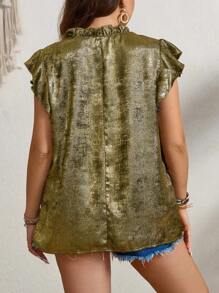 SHEIN LUNE Blus Ukuran Plus Ruffle Plain All Over Print Casual - Emas - View 2