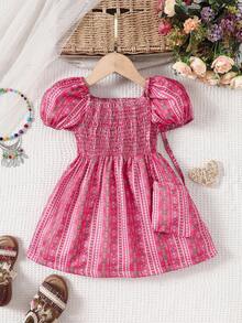 Infant Girls'  Print Puff Sleeve Dress For Daily Wear In Summer