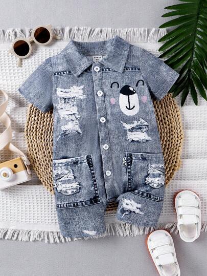 SHEIN Vintaside Kids 男婴春夏休闲牛仔短袖连体衣