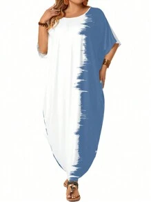 EMERY ROSE Vestido largo de talla grande de tipo capa con mangas de murciélago, en estilo patchwork y bloques de color, para uso casual y de vacaciones - Azul y blanco - Ver 4