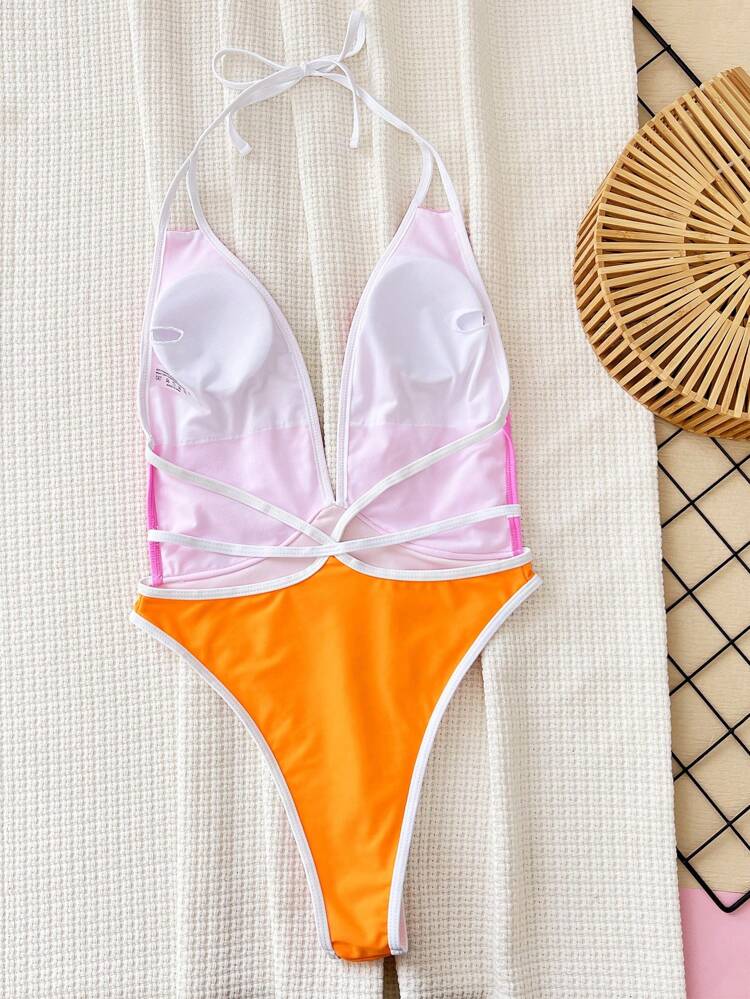 Women Simple And Fashionable One-Piece Swimsuit With Colorful Edges And Halter Tie For Beach Holiday Summer