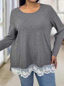 SHEIN LUNE 大尺碼女性純色蕾絲拼接圓領長袖T恤 - 灰色 - 查看 1