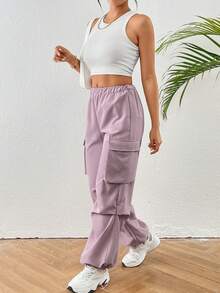 SHEIN PETITE 女性時尚純色寬鬆寬腿褲，附有大口袋 - 粉色 - 查看 3