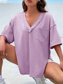 SHEIN EZwear Casual Loose Knit Women V-Neck T-Shirt