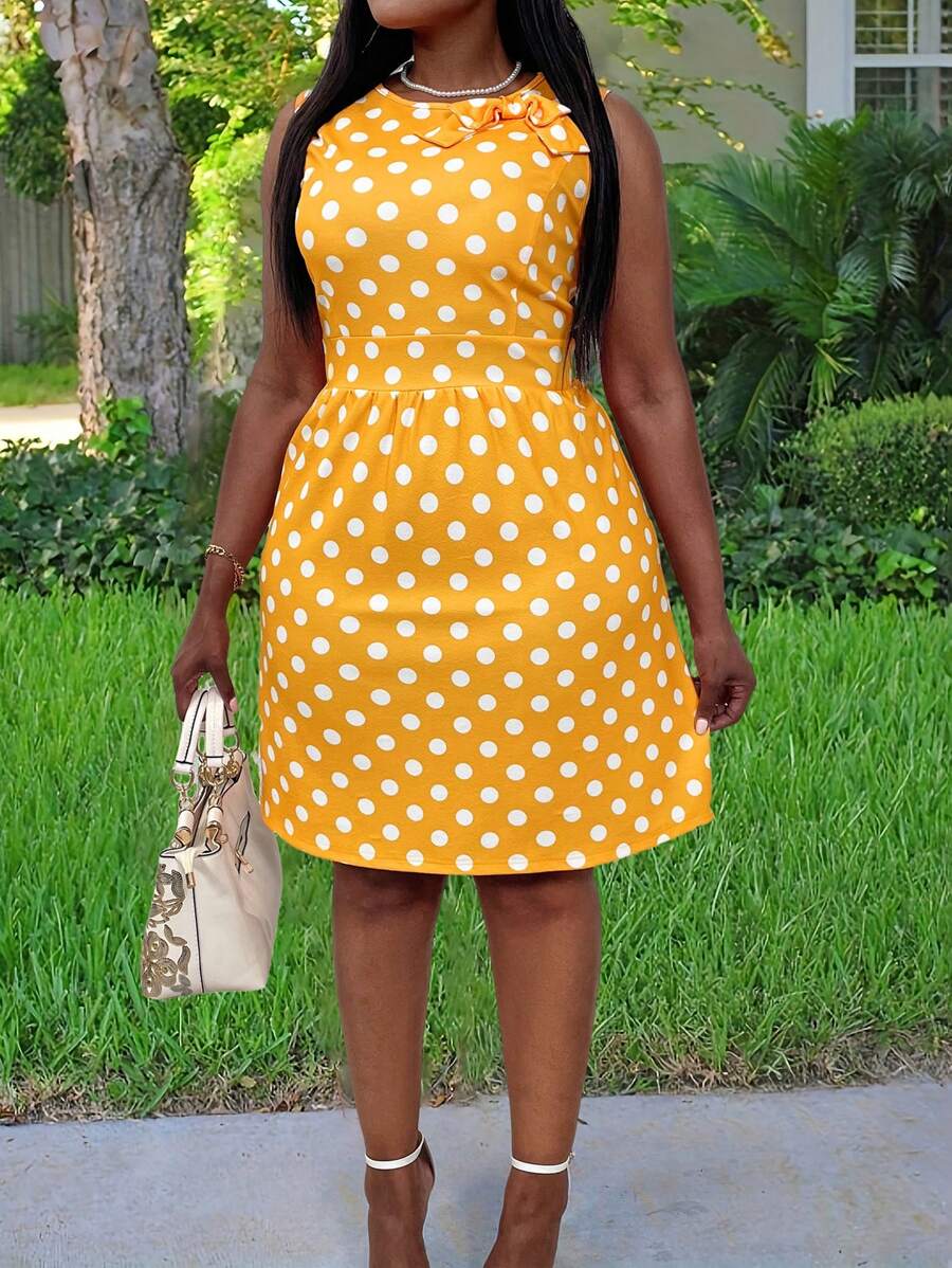 Celure Vestido sin mangas de talla grande para mujer con estampado de lunares de moda - Amarillo - Ver 1