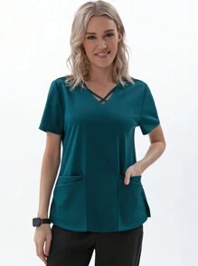 TaskEZ Top de limpieza cruzada con 4 bolsillos para mujer