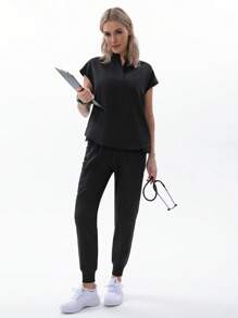 TaskEZ Women's Black Nurse Uniform Jogging Suit, Elastic Top And Pants With Multiple Pockets, Nurse & Beautician Work Outfit, Summer - Black - View 7